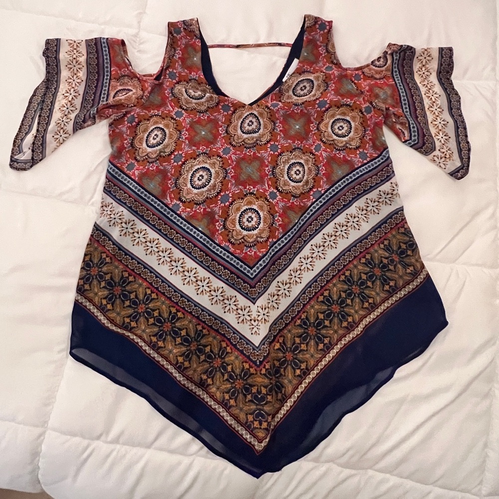 DR2 Red and Blue Asymmetrical Blouse with Flutter Sleeves